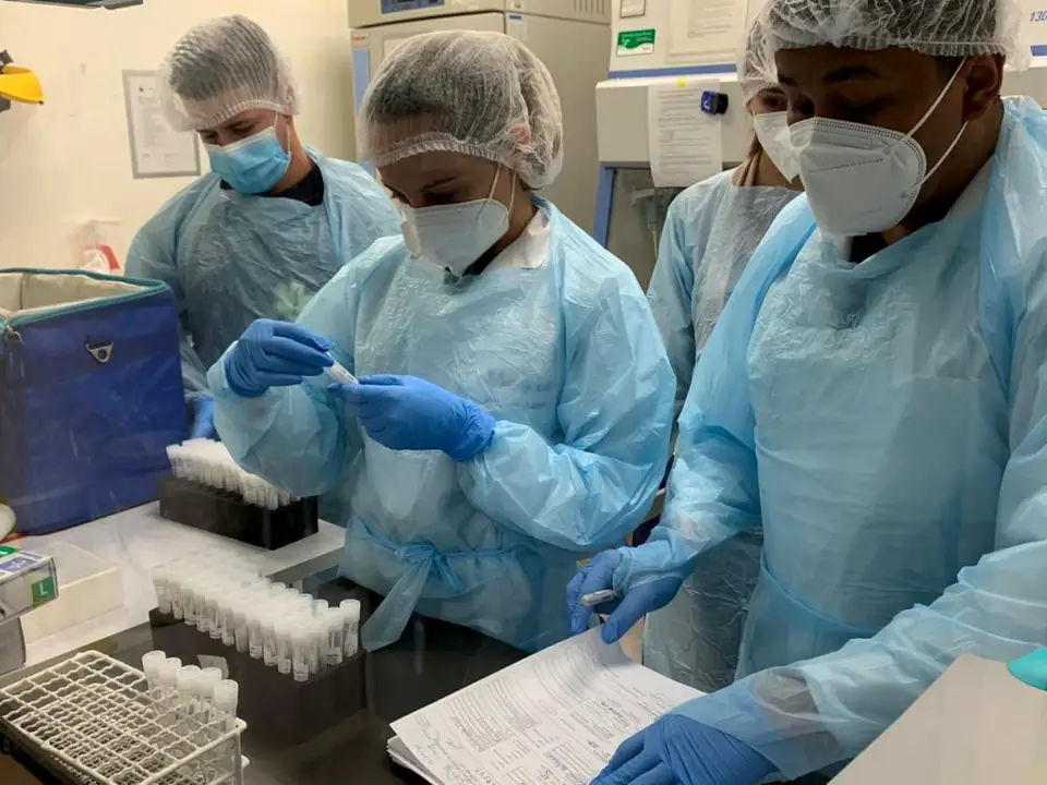 Personal de laboratorio clínico procesando pruebas PCR en Panamá